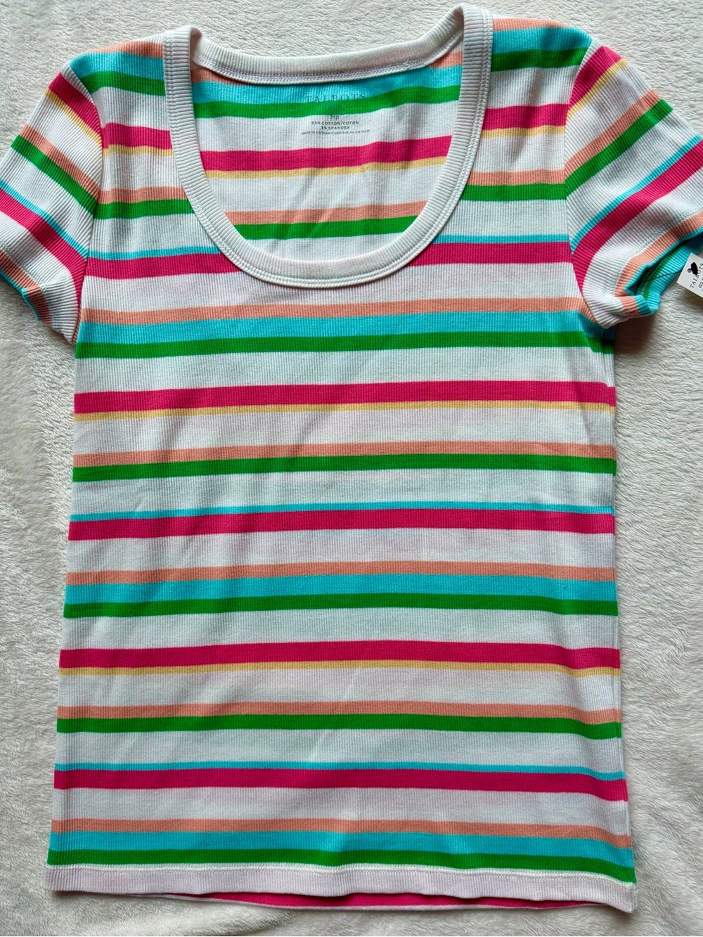 Talbots Petite White Short Sleeve Tee with Pink, Turquoise, Green Stripes